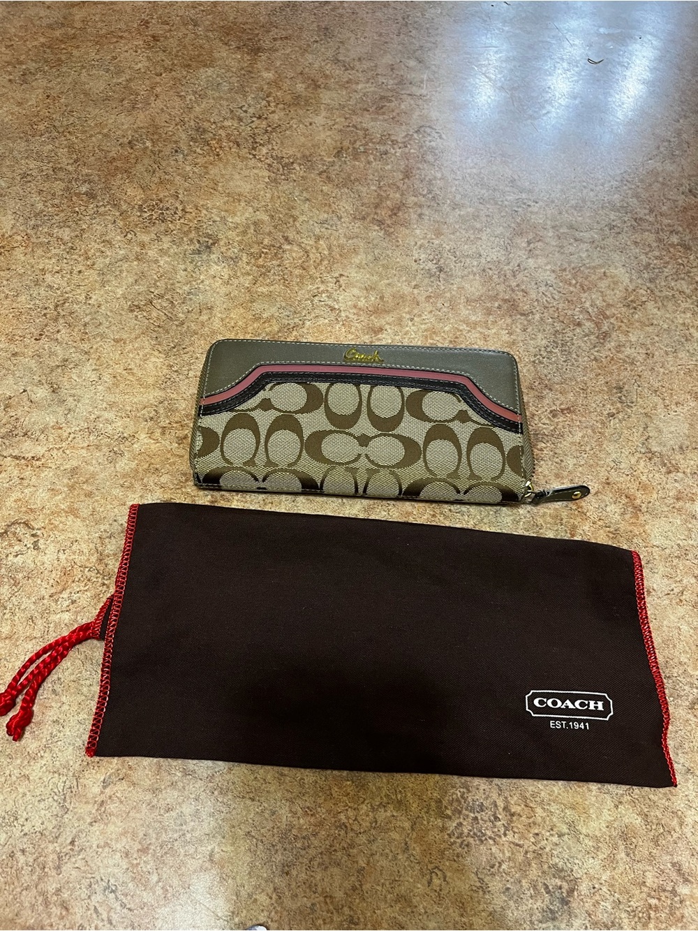 Coach Signature Zip Wallet in Khaki/Brown  with Pink Trim